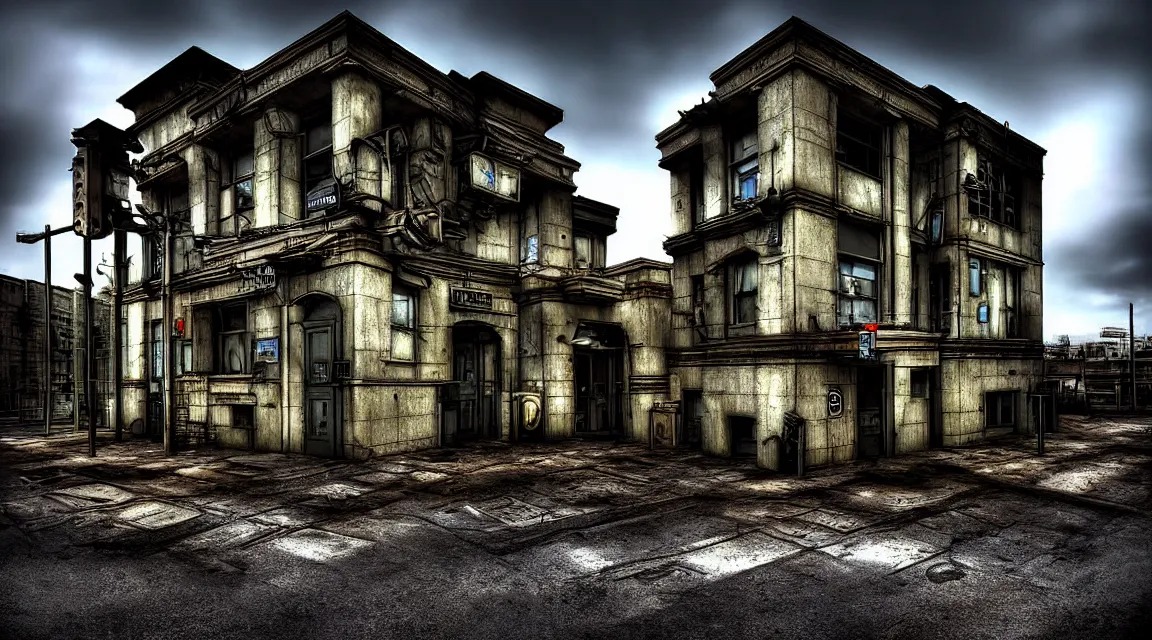 Image similar to post - apocalyptic dystopian police station, organic architecture, hyperrealistic landscape, building, street, in the style of patrick commercy, hd photography street