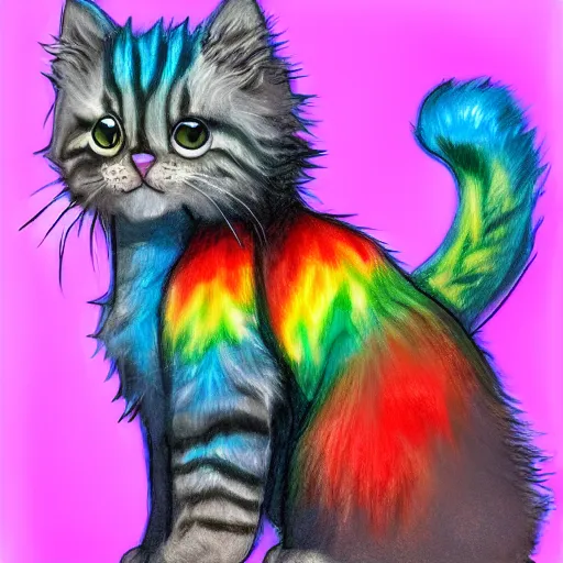 Image similar to wide angle full body, of a fluffy cute rainbow kitten wearing a black motorcycle jacket, concept art