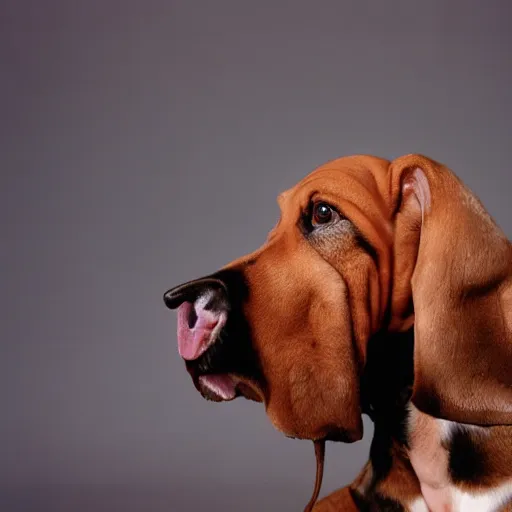 Prompt: A basset hound wearing a trenchcoat and deerstalker, studio photography, 1990s