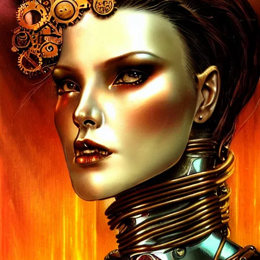 Prompt: close - up portrait of a beautiful female steampunk android in the style of karol bak, moebius