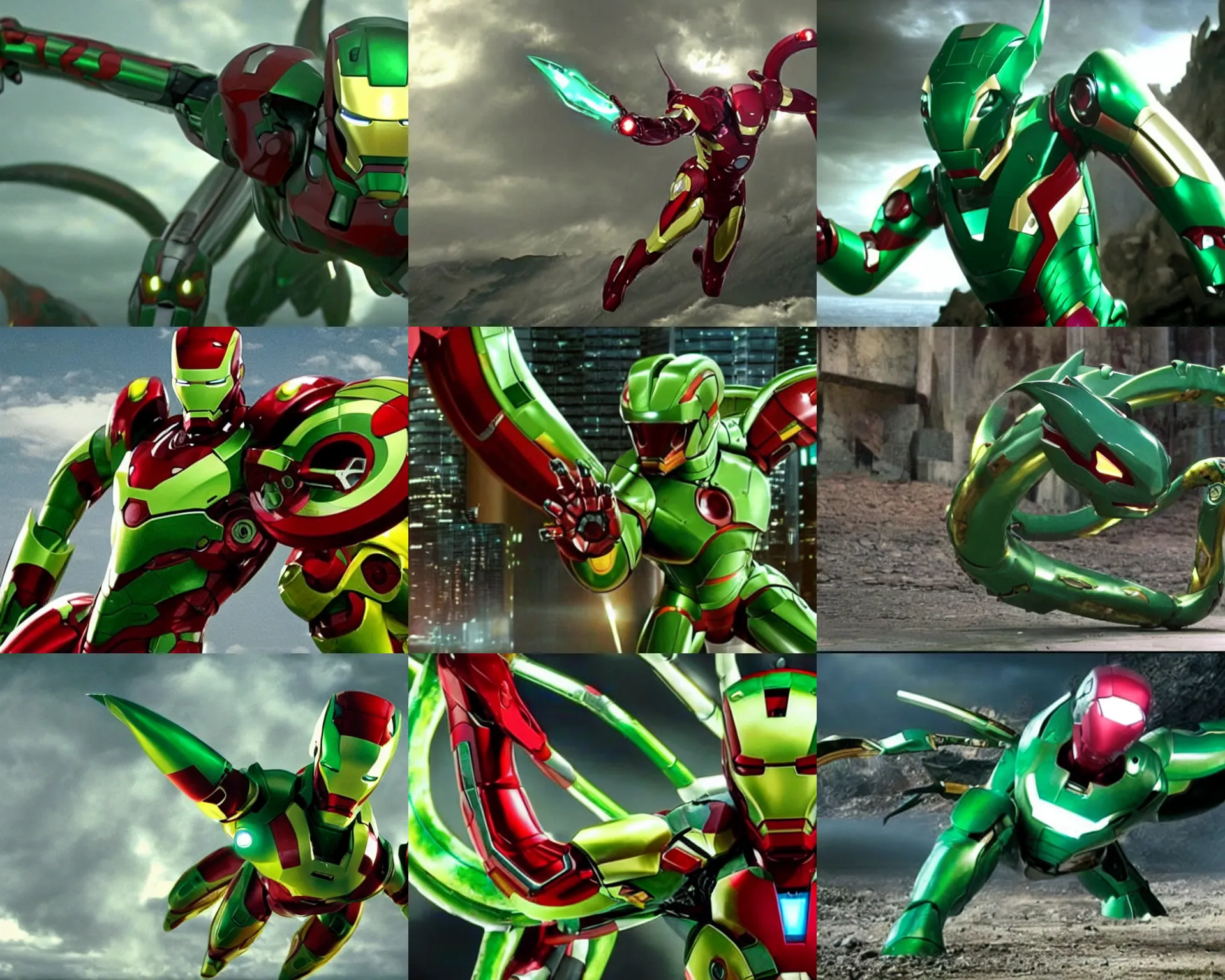 Prompt: a still of Rayquaza in Iron Man (2008). The subject is Rayquaza, the green dragon pokemon with yellow accents and a red mouth.