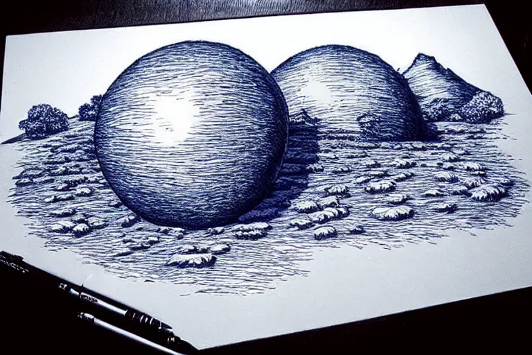 Image similar to insanely detailed landscape, blue ball - point pen art