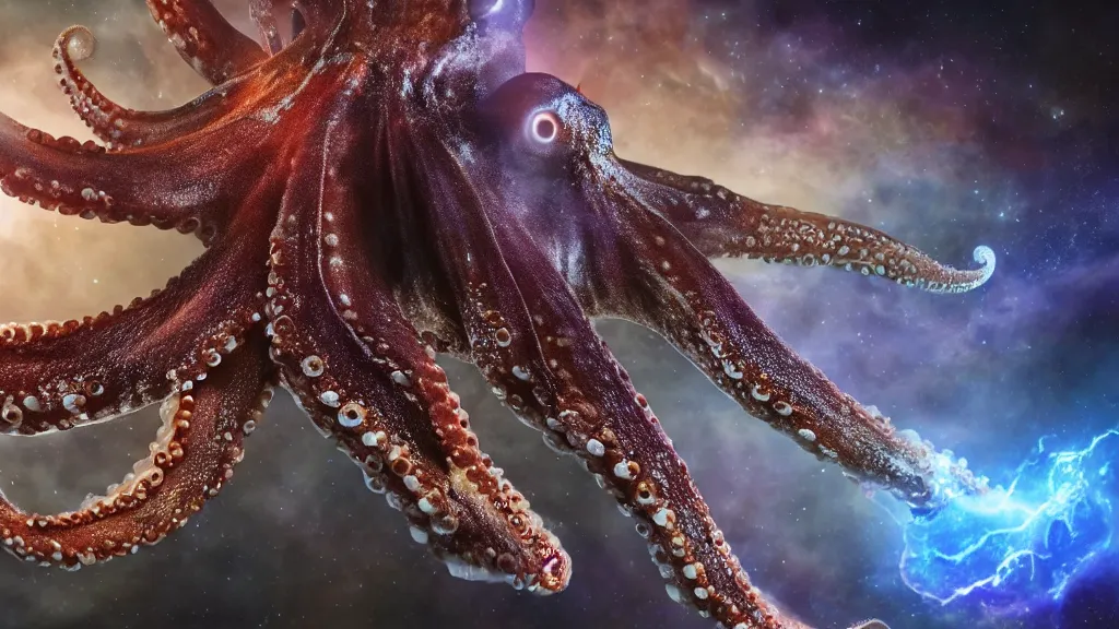 Image similar to octopus spider hybrid on a planet. close bottom view. whole body. nebula background. cinematic composition. cinematic lightning. ultra realistic. 8 k. highly detailled. deep space. ultra realistic details. cinematic atmosphere. studio lighting. shadows. dark background.