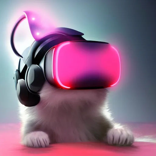 Image similar to crypto trading lyoki kitten from the future, wearing a cool vr headset 8 k hyperrealistic, trending on artstation