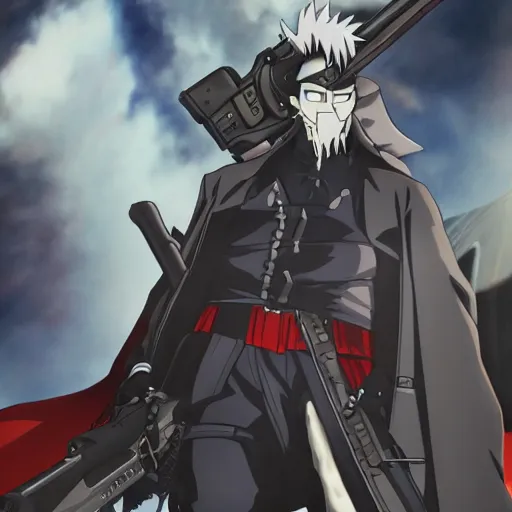 Image similar to a shot of a grim reaper as gunsliger man in trigun anime, movie shot, anime, hightly detailed, rescalated 4 k, detailed