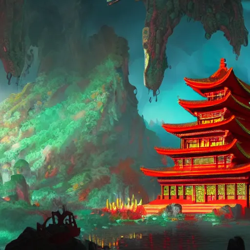 Image similar to a beautiful red asian temple with green details surrounded by torches of blue goblin fire, digital art, 4 k, trending on artstation, devianart and cgsociety