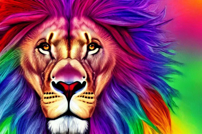 Prompt: Portrait of an anthropomorphic lion with rainbow colored mane, 4K, high contrast, highly detailed