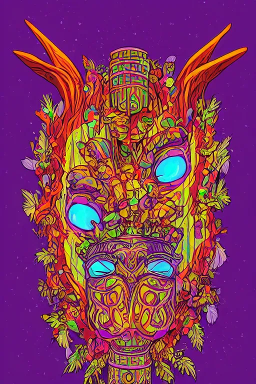 Image similar to animal mask totem roots flower tribal feather gemstone plant wood rock shaman vodoo video game vector cutout illustration vivid multicolor borderlands comics by josan gonzales and dan mumford radiating a glowing aura