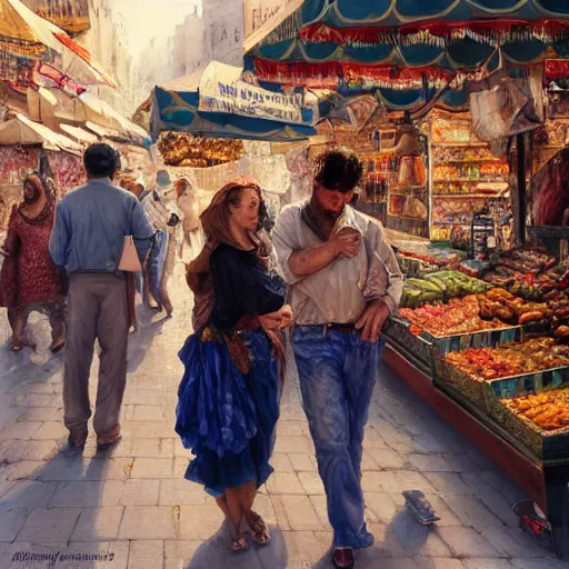 Prompt: a beautiful portrait painting of a couple shopping in a sunny market in north africa, masterpiece by famous artist nasreddine dinet and eugene de blaas and greg rutkowski and artgerm and wlop, path tracing, intricate, elegant, highly detailed, digital painting, artstation, concept art, smooth, sharp focus