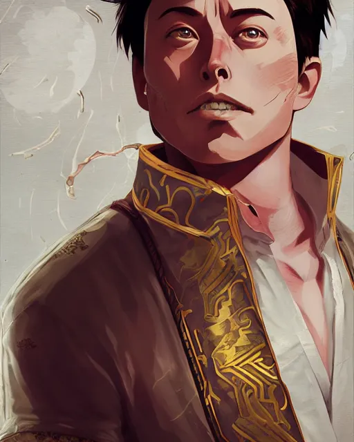 Image similar to an anime portrait of elon musk as a beautiful man wearing a barong tagalog from skyrim, by stanley artgerm lau, wlop, rossdraws, james jean, andrei riabovitchev, marc simonetti, and sakimichan, trending on artstation