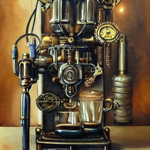 Image similar to Beautiful steampunk mechanical coffee machine, detailed oil painting