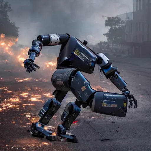 Prompt: a robot carries a wounded human away from an explosion, dramatic lighting