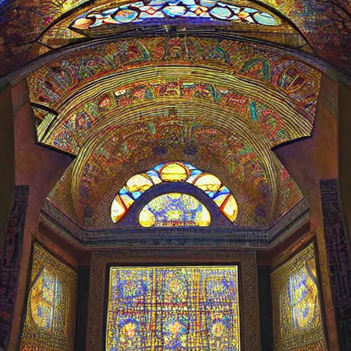 Prompt: a painting of a domed room with stained glass windows, egyptian art by louis comfort tiffany, taravat jalali farahani, donato giancola, pinterest, qajar art, hall of mirrors, i can't believe how beautiful this is, stained glass