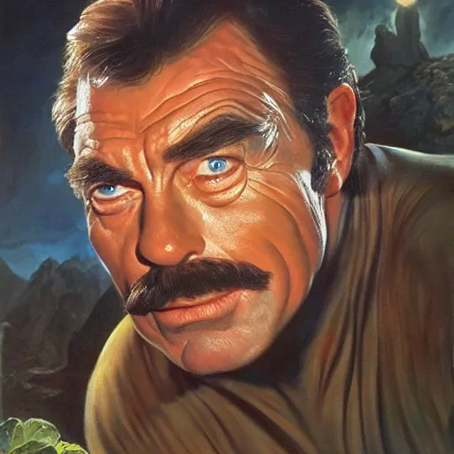 Prompt: ultra realistic portrait painting of tom selleck as gollum, art by frank frazetta, 4 k, ultra realistic, highly detailed, epic lighting