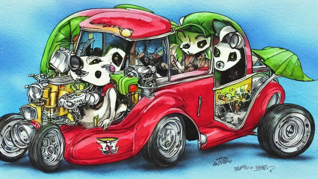 Image similar to cute and funny, racoon riding in a tiny hot rod coupe with oversized engine, ratfink style by ed roth, centered award winning watercolor pen illustration, by chihiro iwasaki, edited by range murata