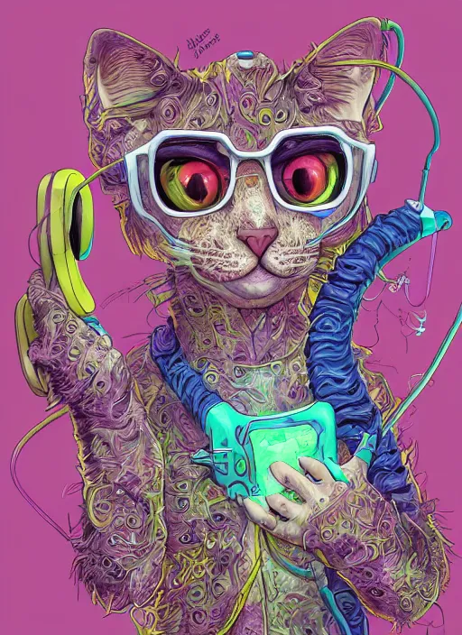 Prompt: cat seahorse fursona wearing headphones, autistic bisexual graphic designer, attractive androgynous humanoid, coherent detailed character design, weirdcore voidpunk digital art by wlop, louis wain, furaffinity, cgsociety, trending on deviantart