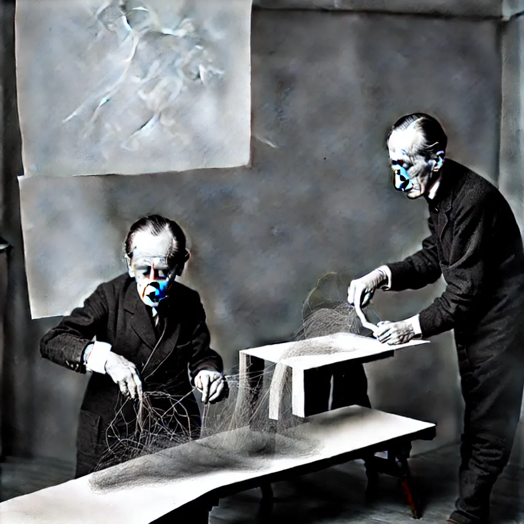 Image similar to a long exposure shot of Marcel Duchamp working on a readymade object, archival pigment print