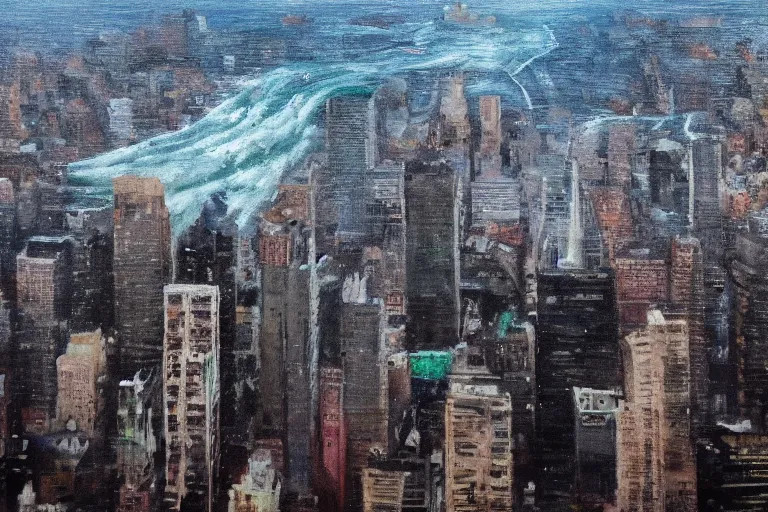 Image similar to tsunami crashing over manhattan, bird's eye view, wide shot, cinematic, realistic painting