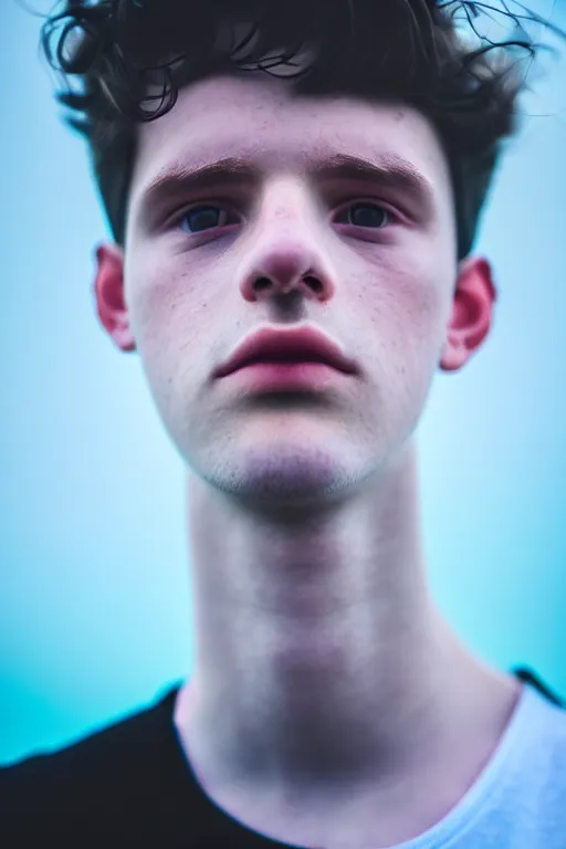 Prompt: high quality pastel coloured film mid angle selfie photograph of a beautiful young 2 0 year old male, soft features, short black hair, standing in an icelandic black rock environment. atmospheric. subsurface scattering. three point light. photographic. art directed. ( pastel colours ). volumetric light. clearcoat. waves glitch. 8 k. filmic.