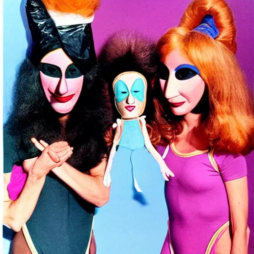 Image similar to 1970 twin women on tv show wearing a mask with a long prosthetic nose and nostril, wearing a leotard on the hillside 1970 color archival footage color film 16mm holding a hand puppet Fellini Almodovar John Waters Russ Meyer Doris Wishman