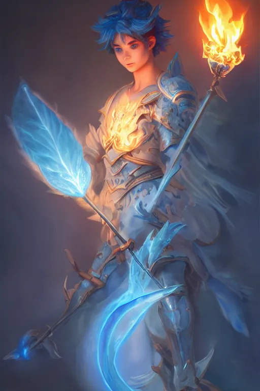 Image similar to legendary fairy prince hold flame staff, blue energy, highly detailed, d & d, fantasy, highly detailed, digital painting, trending on artstation, concept art, sharp focus, illustration, global illumination, ray tracing, realistic shaded, art by artgerm and greg rutkowski and fuji choko and viktoria gavrilenko and hoang lap