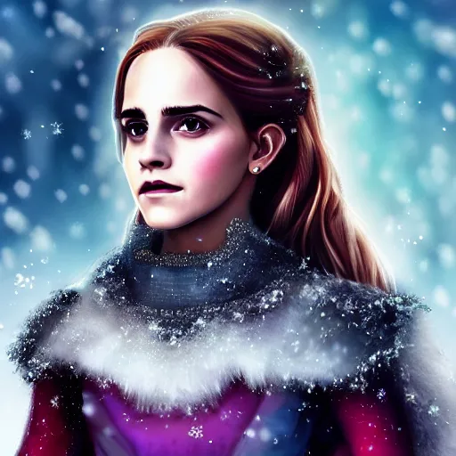 Image similar to Portrait shot of Emma Watson as the Queen of Ice, Ice crystal armor, snow falling, concept art, 4k, digital art, trending on art station, hd, doll, colorful backdrop