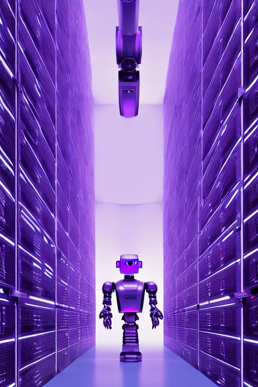 Prompt: hyperrealistic medium shot robot! in data center server building highly detailed concept art eric zener elson peter cinematic hard purple lighting high angle hd 8 k sharp shallow depth of field, inspired by david paul cronenberg and zdzisław beksinski