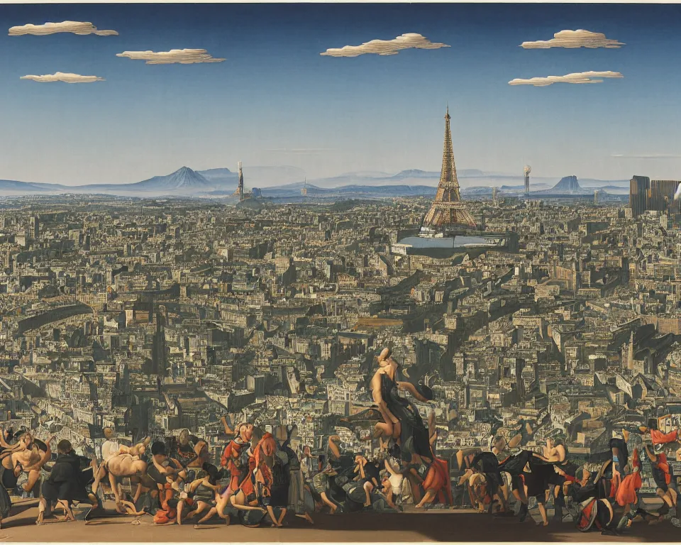 Image similar to a skyline featuring the Eiffel Tower, Colosseum, Empire State Building, and other famous landmarks by Hasui Kawase, Raphael, and Bernini.