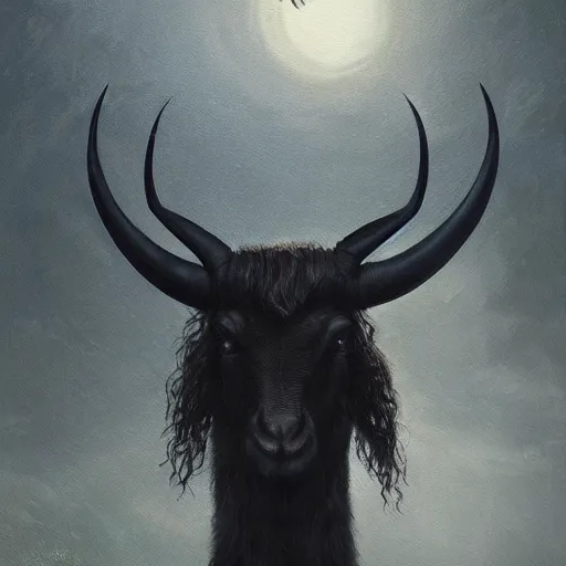 Image similar to thomas kincaid painting of black phillip, gothic horns from the movie the witch. dynamic lighting, masterpiece painting, barloe, octane render, cinematic trending