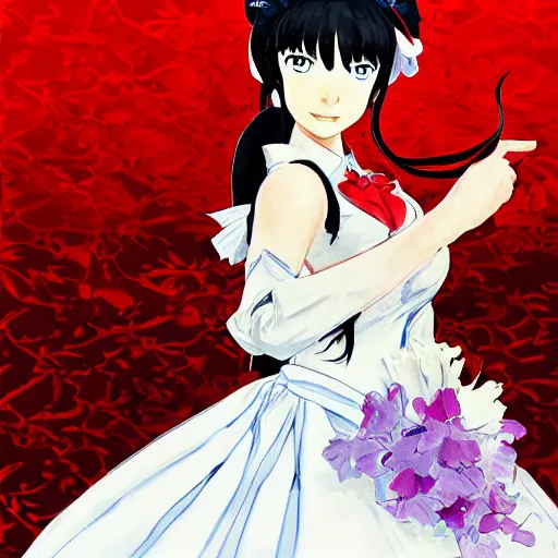 Image similar to yukiko amagi in wedding dress facing viewer by shigenori soejima