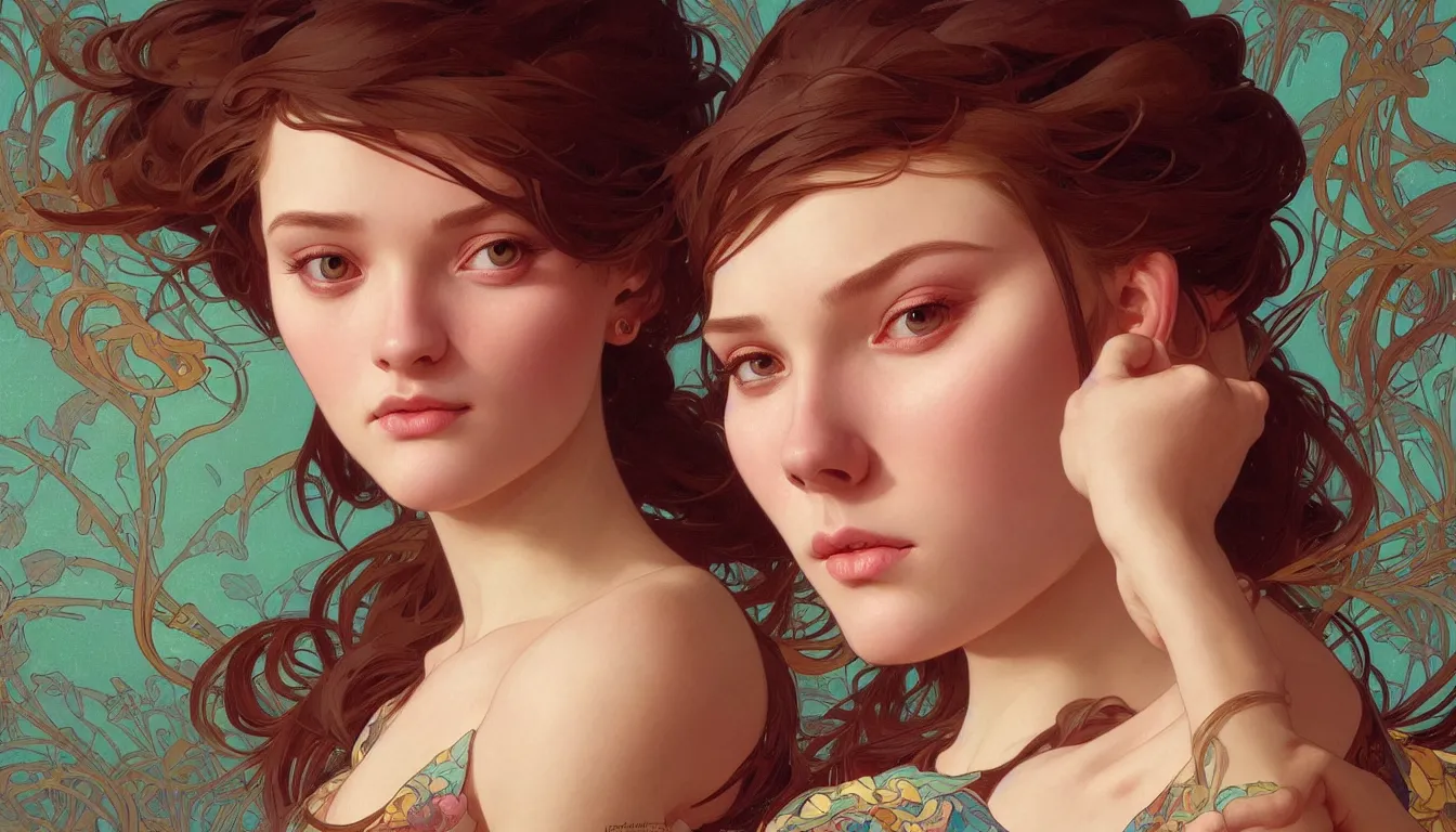 Image similar to excellent painted portrait of one pretty girl with upturned nose, high quality masterpiece painted, patterned background, 4 k, trending on artstation, octane render, art by james jean and artgerm and greg rutkowski and alphonse mucha and craig mullins and james jean and andrei riabovitchev and marc simonetti and peter mohrbacher