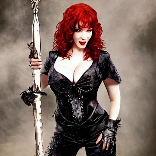 Image similar to full body photo of christina hendricks as a vampire warrior with weapons