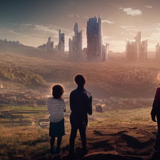 Prompt: “family standing on the hill looking at the futuristic city in the valley, a lot of future technologies, cinematic view, dramatic buildings, epic composition, octane render, unreal engine, 4k”