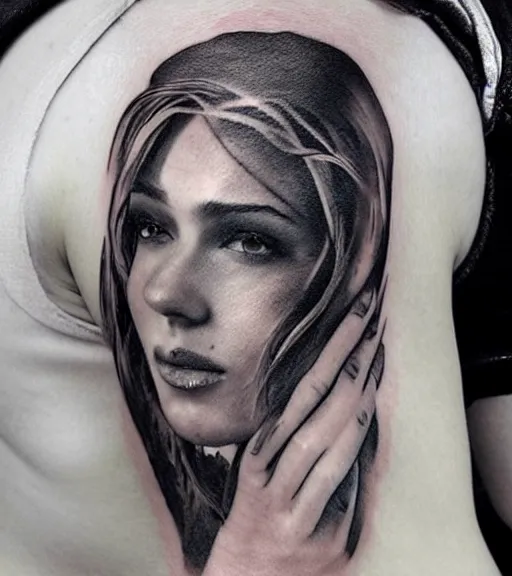 Prompt: tattoo design sketch of a beautiful woman face with a realistic mountain scenery on her side, hyper - realistic, double exposure effect, in the style of matteo pasqualin, amazing detail, black and white, faded