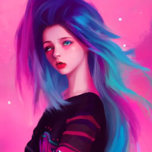 Image similar to colorful and festive captivating teenager girl with pink hair, cyan top crop, black skirt, black leggings, cute look. rich vivid colors, ambient lighting, dynamic lighting, 4 k, atmospheric lighting, painted, intricate, highly detailed by charlie bowater