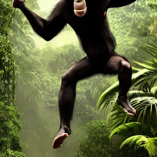 Image similar to Angry Chimpanzee Jumping, Epic Jump, Cinematic Photo, Cinematic Shot, Jungle, Foliage Boris Vallejo, Epic, 8k resolution, ArtStation, Hyperrealistic