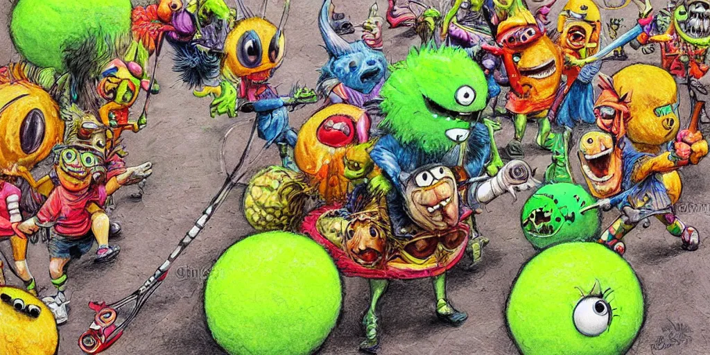 Image similar to tennis ball monsters, parade, theme park, digital art, fantasy, magic, chalk, chalked, trending on artstation, ultra detailed, detailed, fine details, professional illustration by basil gogos