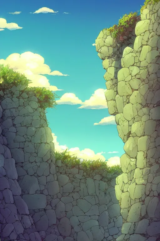 Image similar to stone wall stretching to the sky at the edge of the world, 4 k digital paint by studio ghibli hayao miyazaki. vivid colours, vaporwave lighting style, very sharp and detailed. trending on artstation and behance.