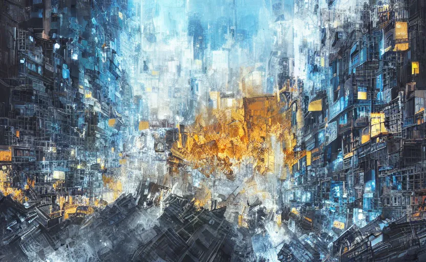 Image similar to City crashing into the Ground, digital painting, expressionistic, intricate detail, meticulous brush strokes, genius composition, masterpiece, work of art, 4k wallpaper