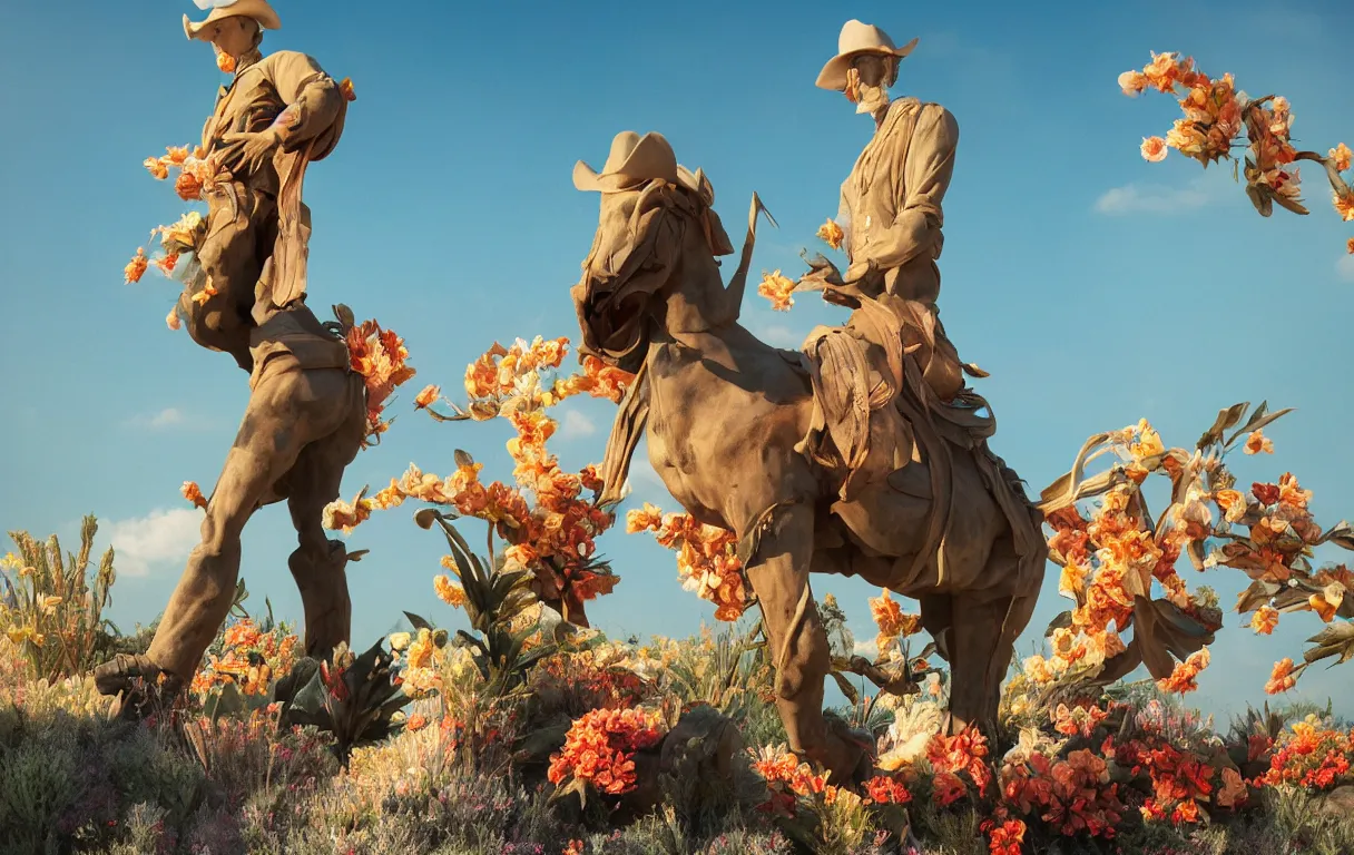 Image similar to a cowboy turning into blooms by slim aarons, by zhang kechun, by lynda benglis. tropical sea slugs, angular sharp tractor tires. complementary colors. warm soft volumetric dramatic light. national geographic. 8 k, rendered in octane, smooth gradients. sculpture by antonio canova. red accents.