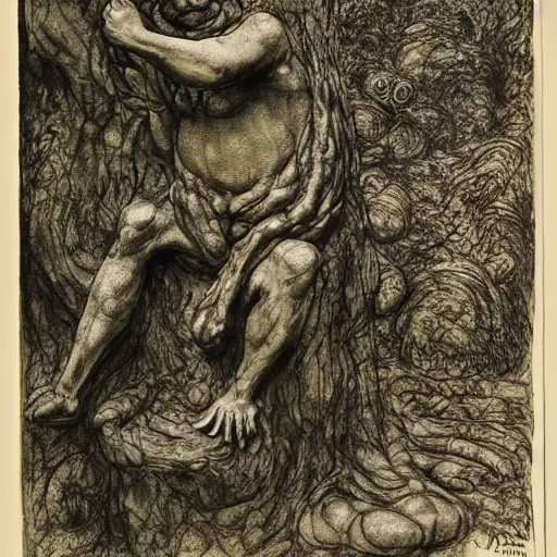 Prompt: toad philosopher toad in a pose The Thinker, swamp, by Auguste Rodin, by Irving Penn, illustrations by irish fairy tales james stephens arthur rackham, fairy tale illustrations, illustrations by Stephen Reid