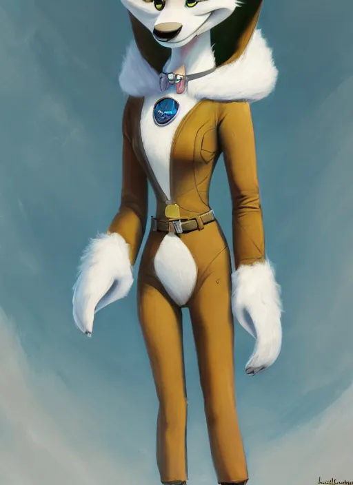 Image similar to oil painting detailed full body of anthromorphic female wolf, in style of zootopia, zootopia, zootopia, fursona, furry, furaffinity, 4 k, deviantart, furry art, fursona art, wearing astronaut outfit, in style of zootopia, wolf fursona, cyberpunk, female, expressive, detailed feminine face,