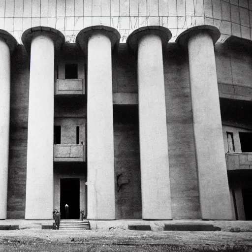 Image similar to a brutalist building with roman style ionized columns and german ww 2 soldiers standing in front