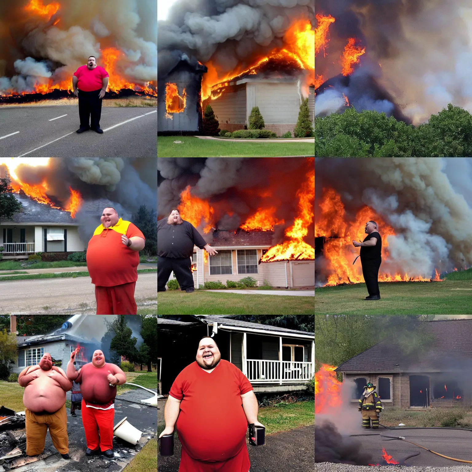 Prompt: a fat man very happy that his house is burning, big fire. - w 7 0 4