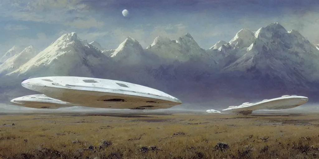 Image similar to white giant spaceship starship battlestar airship in center on tansy field at foot, snowy mountain afar by Fernand Khnopff by john berkey, oil painting, concept art