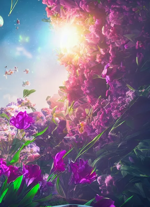 Image similar to An epic fantastic realism comic book style painting of the most beautiful flowers launched into space, bouquets, fisheye lens, unreal 5, DAZ, hyperrealistic, octane render, dynamic lighting