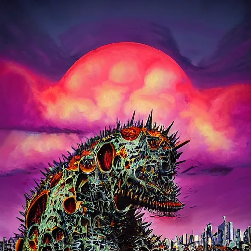 Image similar to by nathan wirth, by john berkey manmade cool violet, cow print. a beautiful installation art of a large, orange monster looming over a cityscape. the monster has several eyes & mouths, & its body is covered in spikes. it seems to be coming towards the viewer, who is looking up at it in fear.