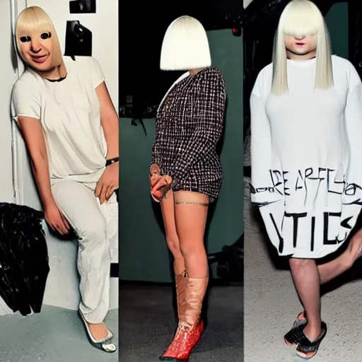 Prompt: Sia Furler wearing a leatoard full body photoshoot