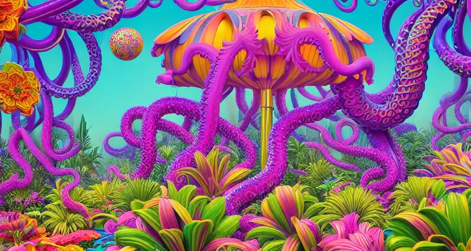 Prompt: psychedelic 3d vector art illustration of garden full of exotic flowers and tentacles by Lisa frank, Beeple and Tim Hildebrandt, hyper realism, art deco, intricate, elegant, highly detailed, unreal engine, octane render, artstation, smooth, sharp focus
