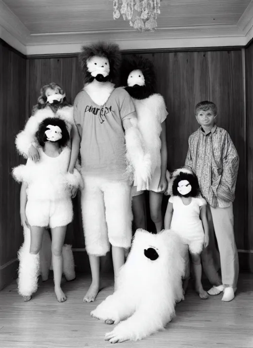 Prompt: realistic photo of the family wearing fluffy hairy masks, white fluffy cotton shorts, polished and fancy, standing in the wooden room full of wooden furniture 1 9 9 0, life magazine reportage photo